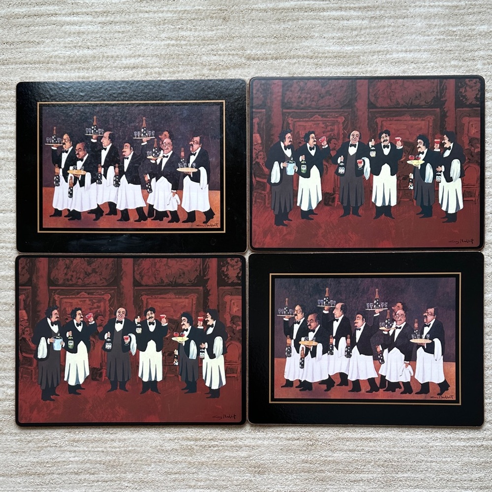 Set of 4 Corkboard Placemat Charge of The Bottle Brigade, by GUY BUFFET Vintage